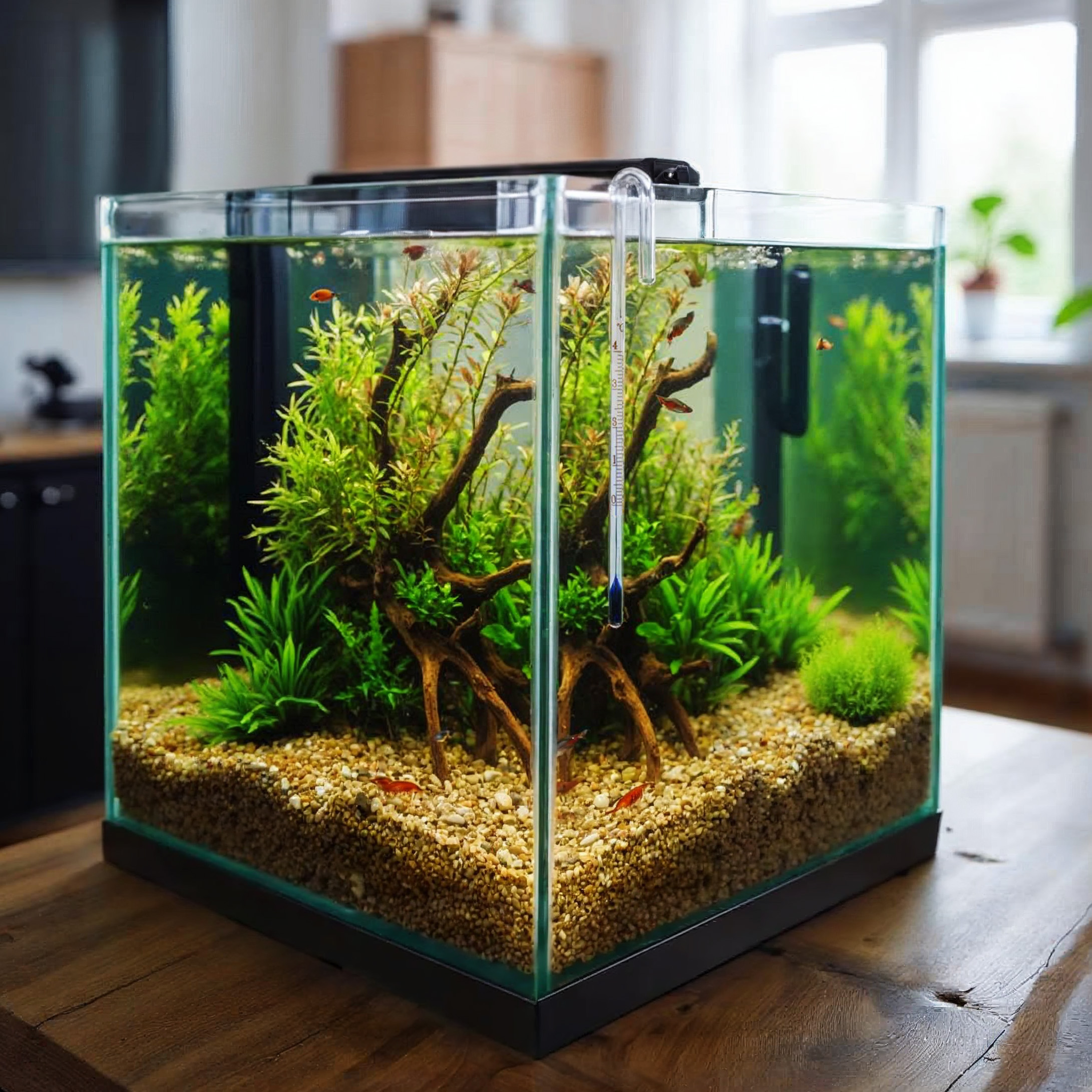 Nano-Aquarium mit Kiesboden, Pflanzen, Wurzeln und Fischen
